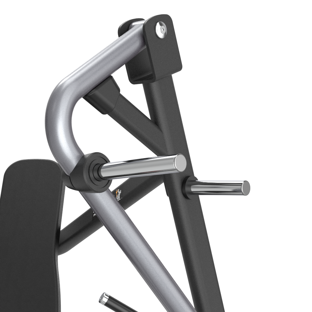 Close-up of a Insight Fitness Decline Chest Press - SH012 with black and silver components on a white background