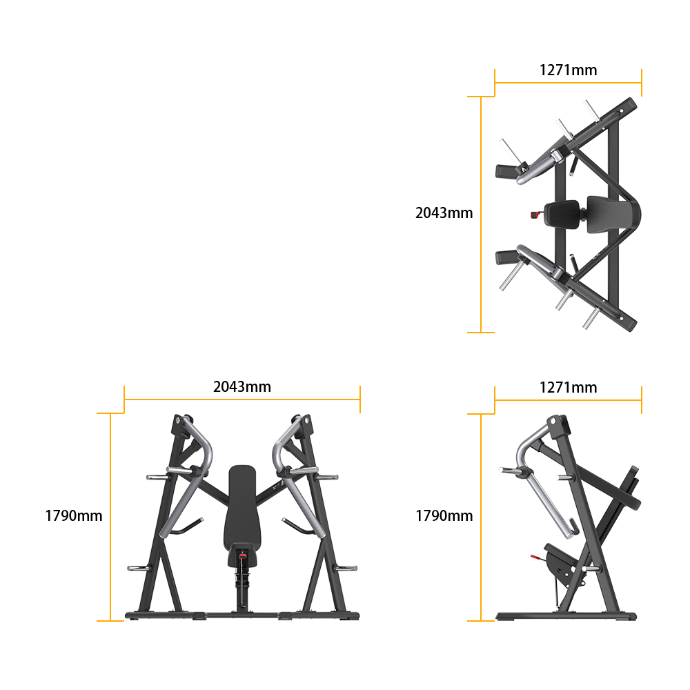 Measurement chart of a drone with Insight Fitness Decline Chest Press - SH012 dimensions labeled on a white background