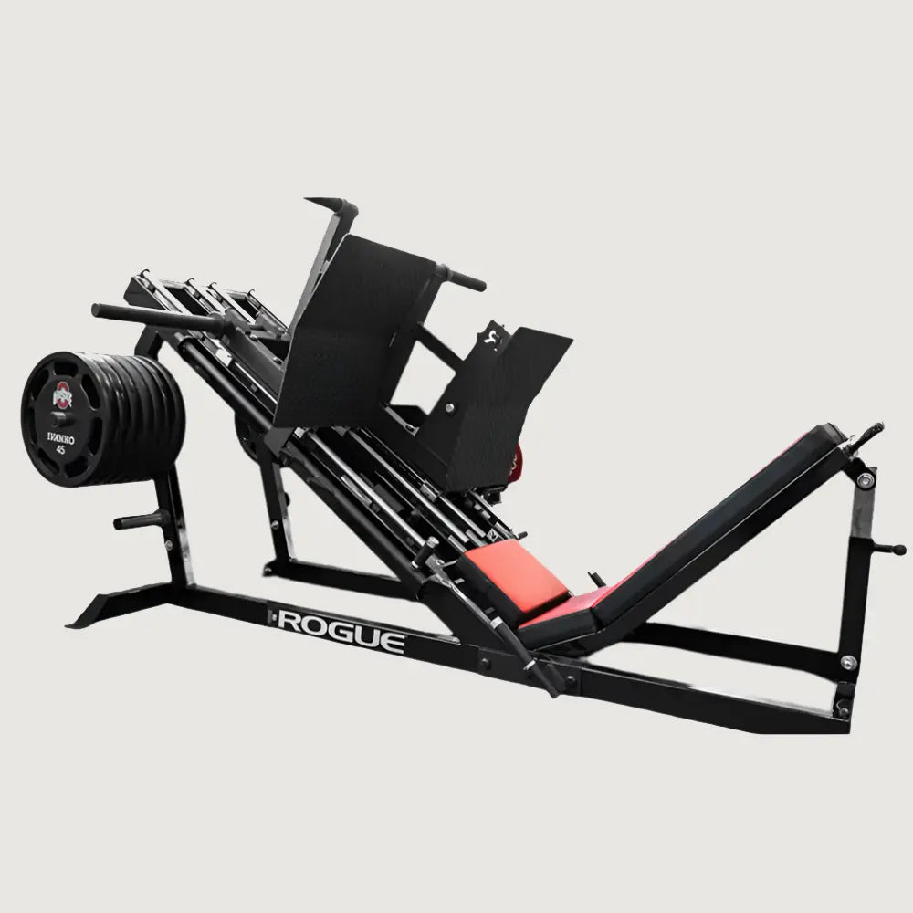 Black gym machine with red seat on a gray background