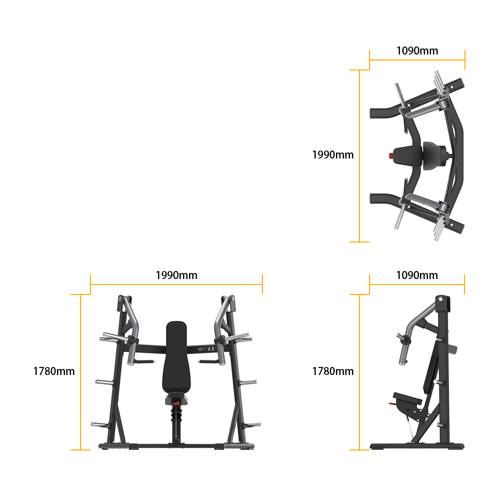 Measurement chart of a piece ofnsight Fitness Incline Chest Press - SH002 with dimensions labeled.